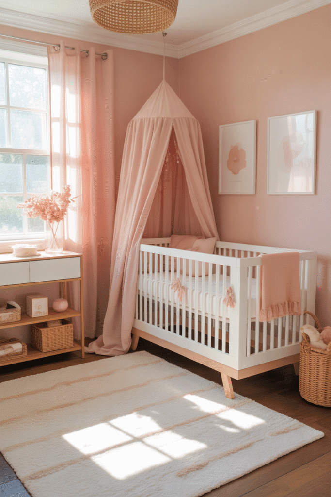 As a part of girly nursery ideas this picture shows a girlynursery with blush walls, white crib, and peach accents.