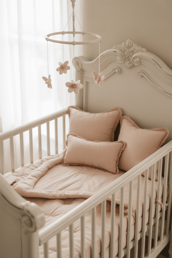 Elegant white crib with blush bedding in girly nursery.