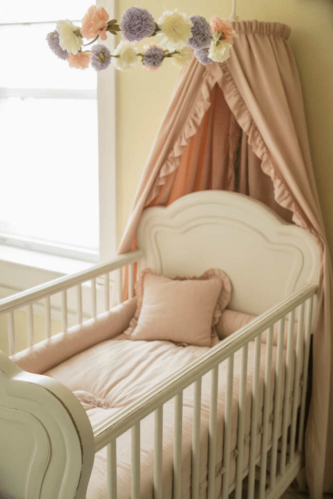 Elegant white crib with blush bedding in girly nursery.