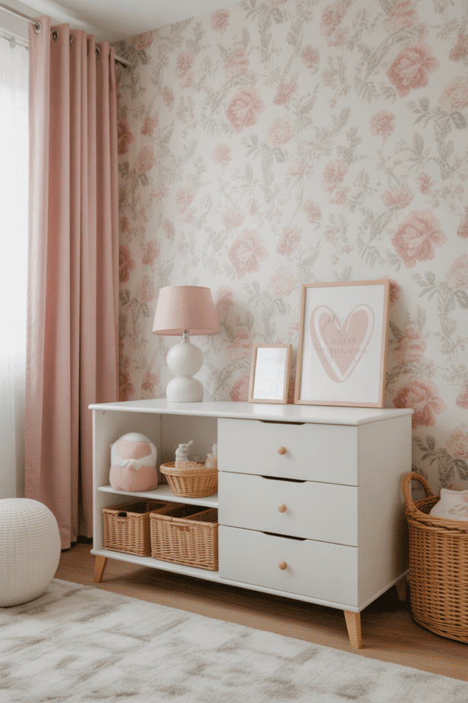 Girly nursery with floral wallpaper and pastel decor.