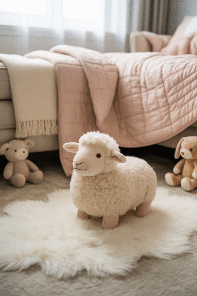 Girly nursery with layered soft bedding and plush rug.