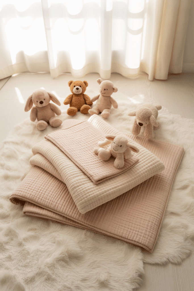 Girly nursery with layered soft bedding and plush rug.