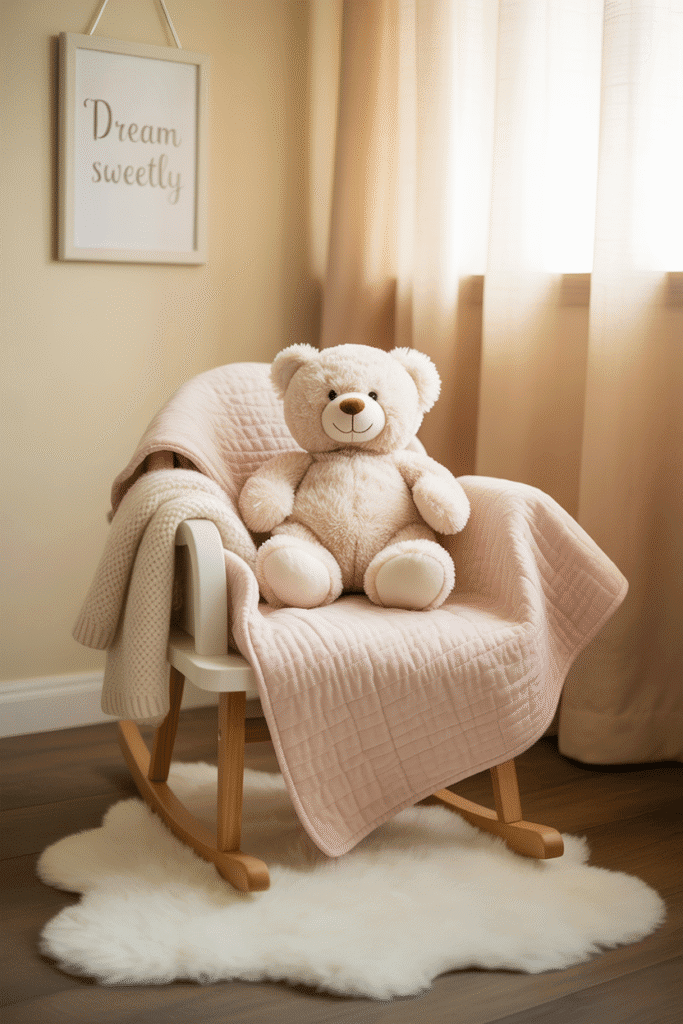Girly nursery with layered soft bedding and plush rug.