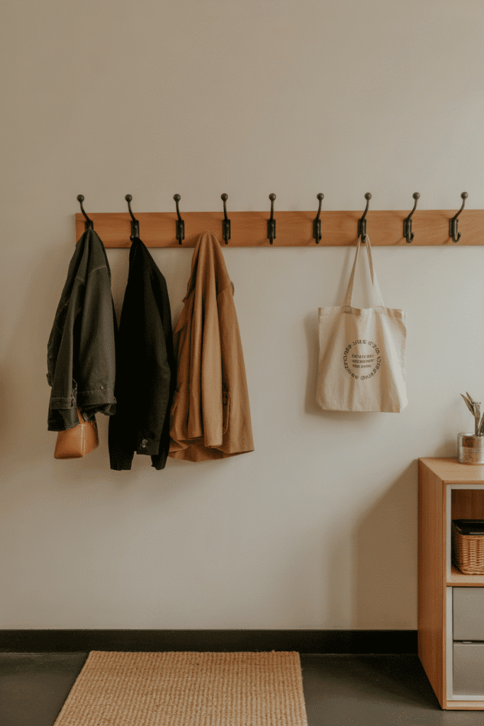 Wall hooks offer vertical storage and keep small entryways tidy and functional.