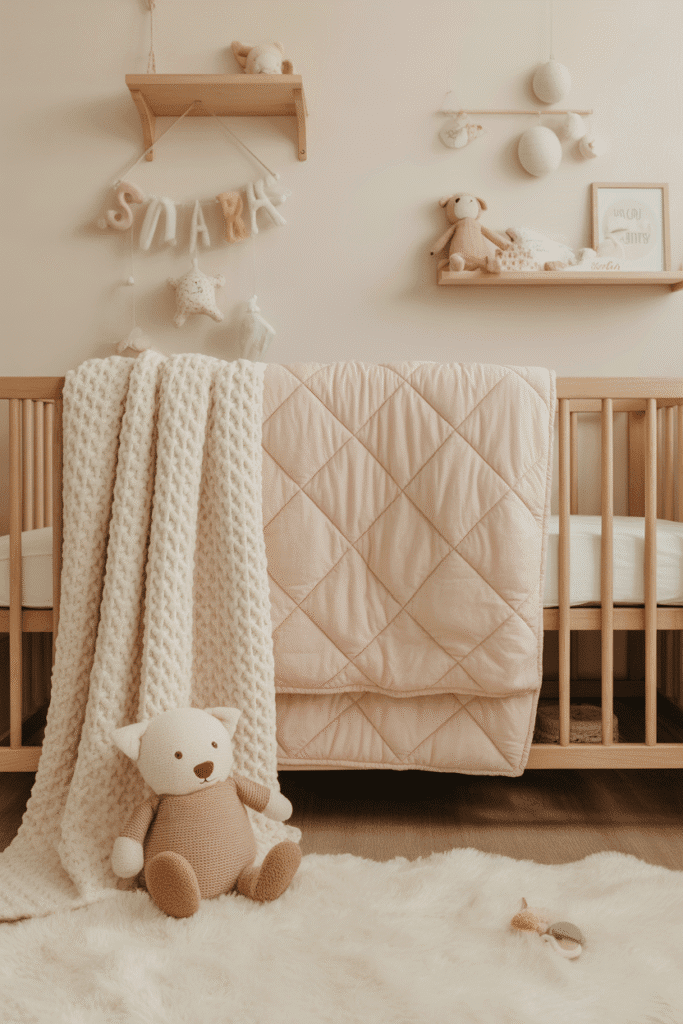 Girly nursery with layered soft bedding and plush rug.