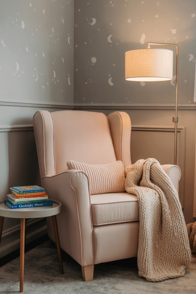 Nursing corner in girly nursery with blush chair and soft lighting.