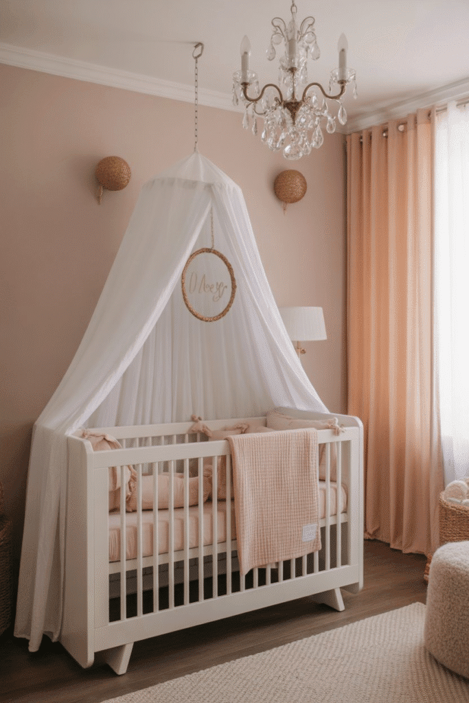 Crystal chandelier lighting in girly nursery.