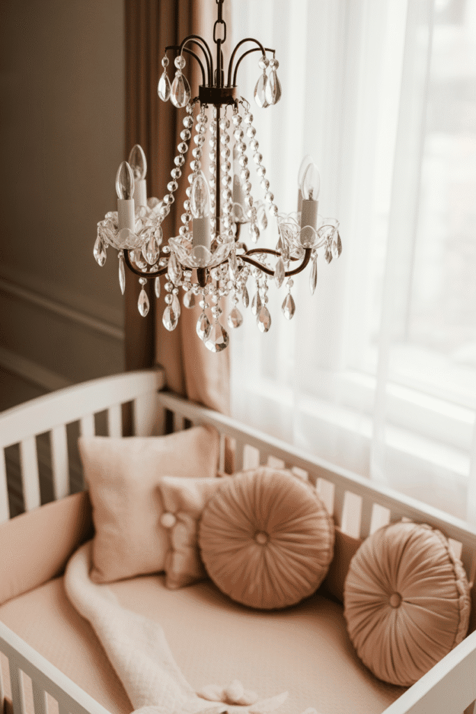 Crystal chandelier lighting in girly nursery.