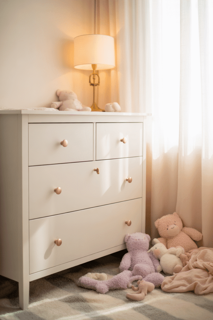 Girly nursery with rose gold and brass accents.