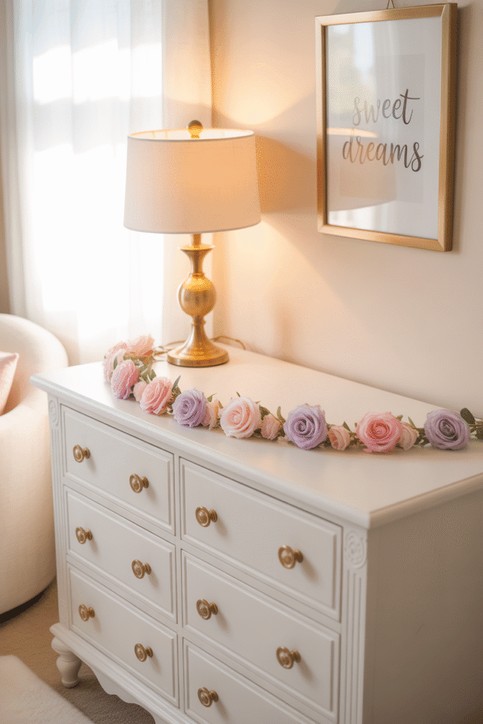 Girly nursery with rose gold and brass accents.