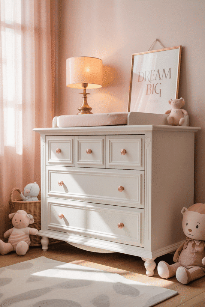 Girly nursery with rose gold and brass accents.