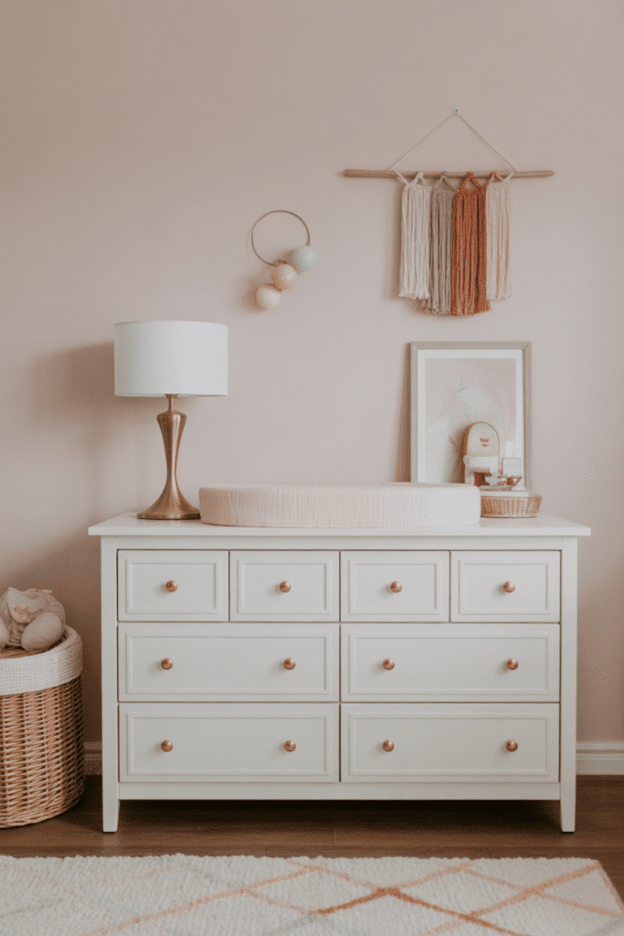 Girly nursery with rose gold and brass accents.