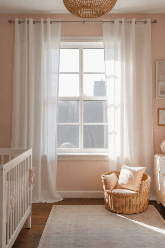 Sheer curtains in blush girly nursery.