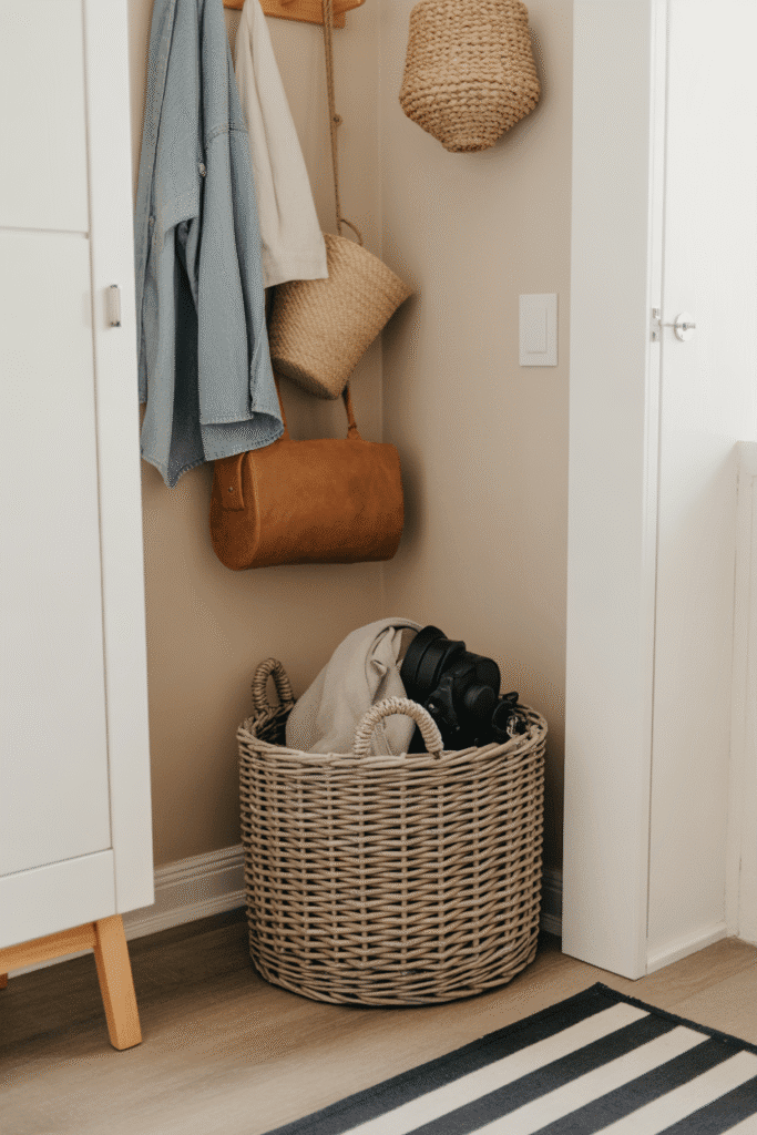 A woven basket adds texture and keeps clutter tucked away in a tiny entry space.