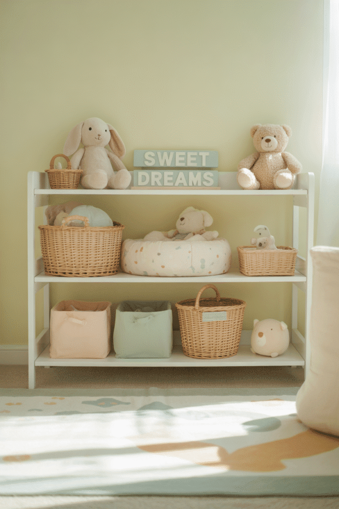 Pretty and organized nursery storage with baskets and bins.