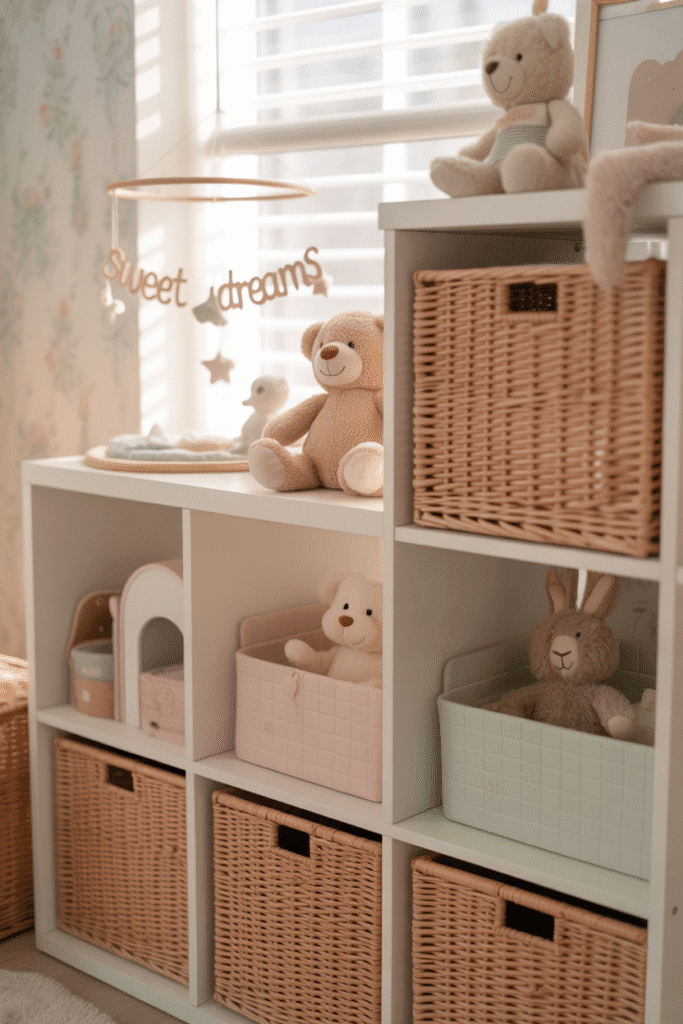 Pretty and organized nursery storage with baskets and bins.