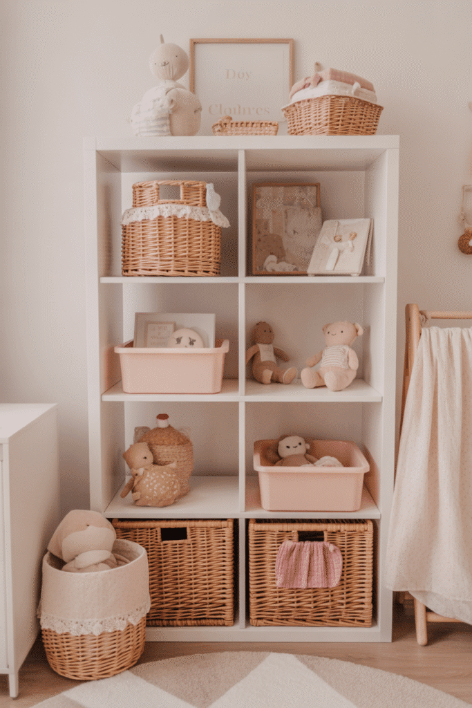 Pretty and organized nursery storage with baskets and bins.