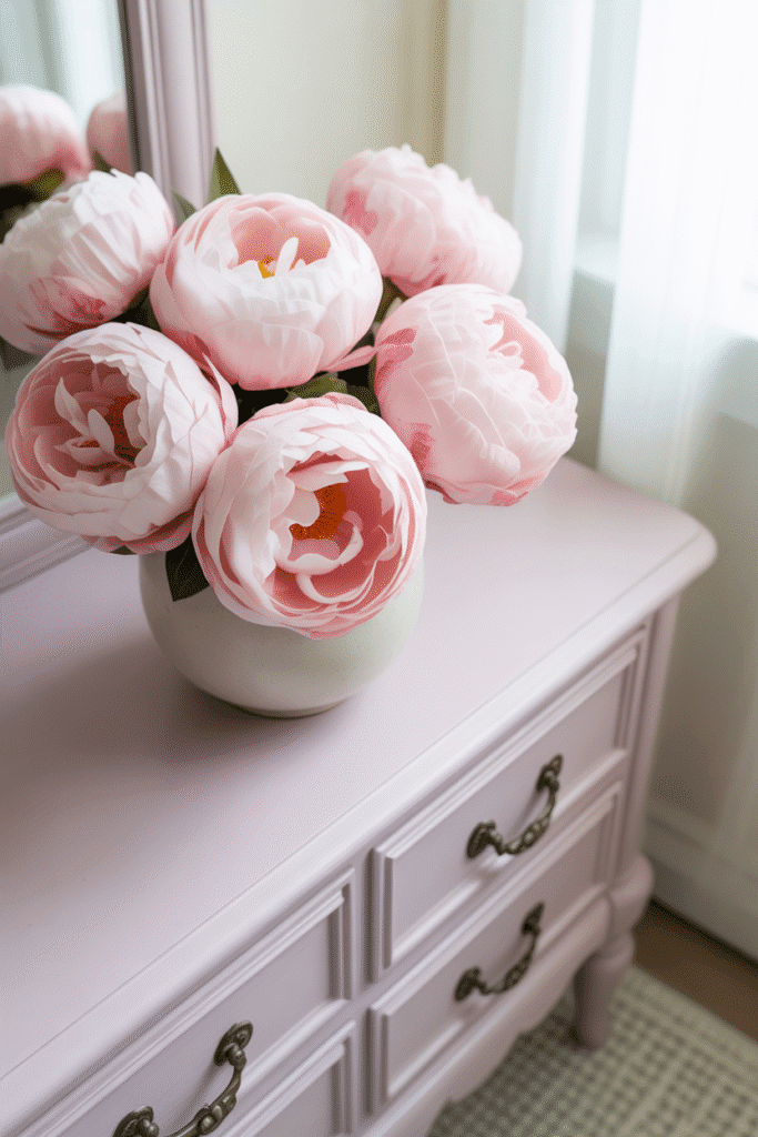 Faux pink peonies in girly nursery decor.