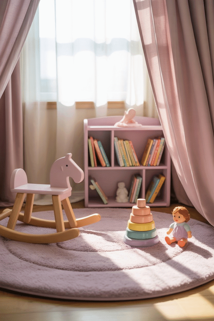 Play area in girly nursery with soft mat and toys.
