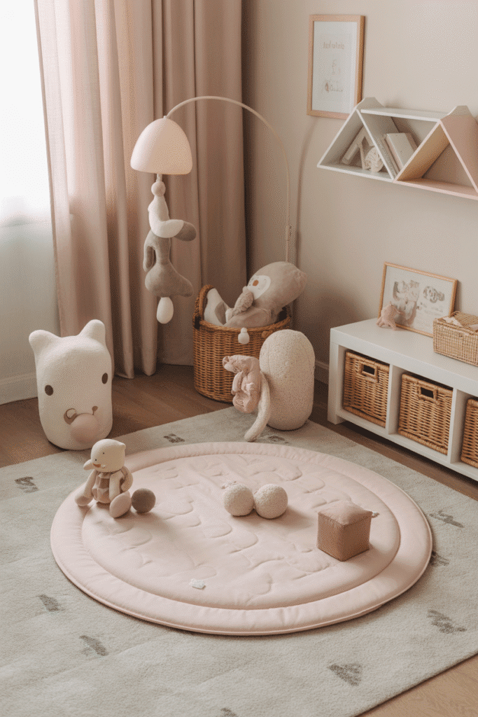 Play area in girly nursery with soft mat and toys.
