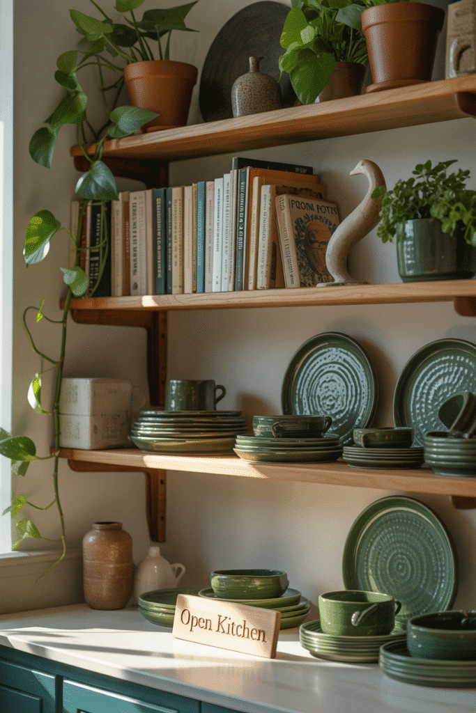 Open shelving styled with green accents adds personality and color to kitchen decor.

