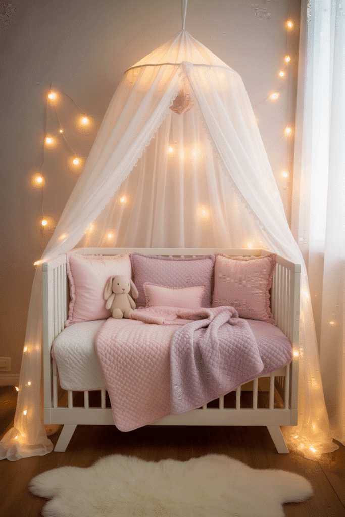 Girly nursery with blush canopy and fairy lights.