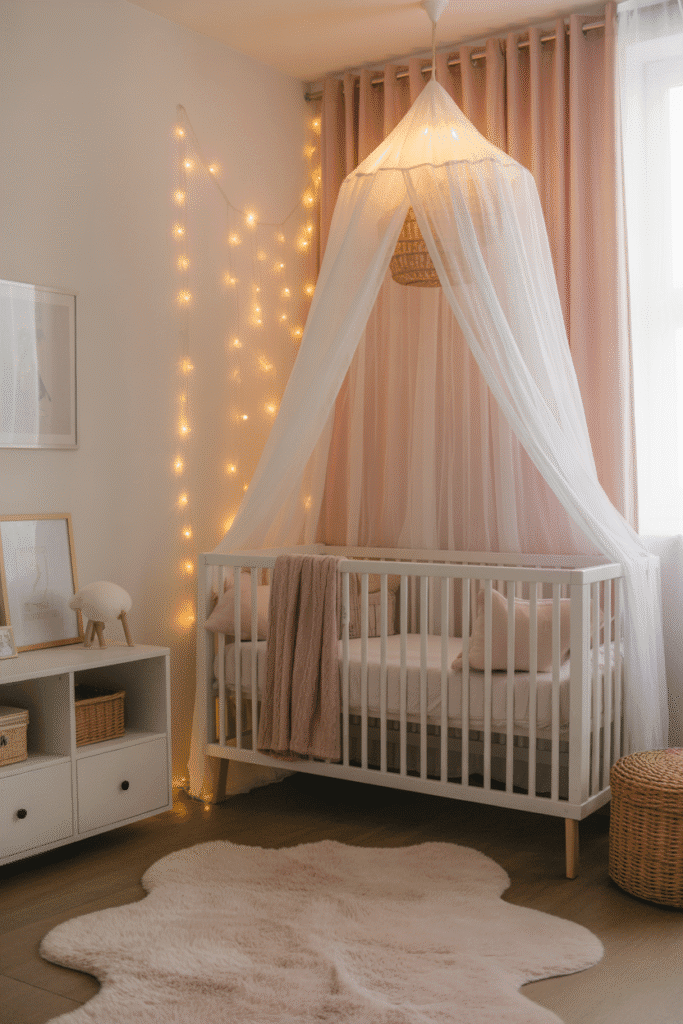 Girly nursery with blush canopy and fairy lights.