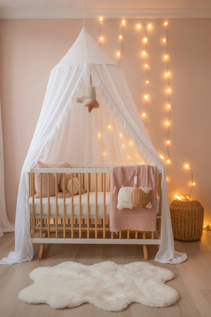 Girly nursery with blush canopy and fairy lights.