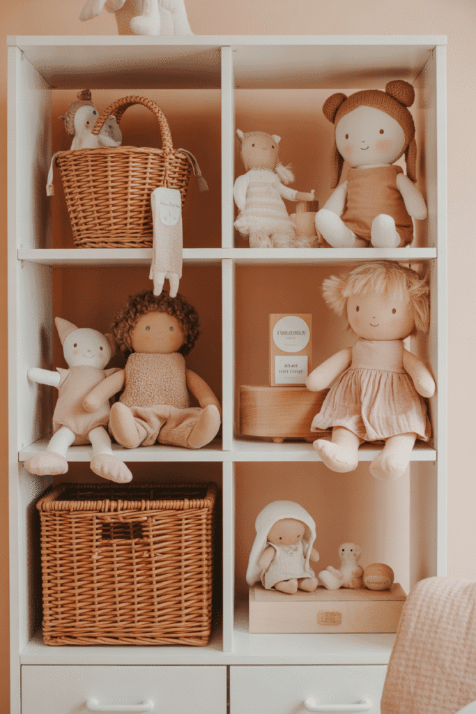 Display of pastel dolls and plush toys in girly nursery.