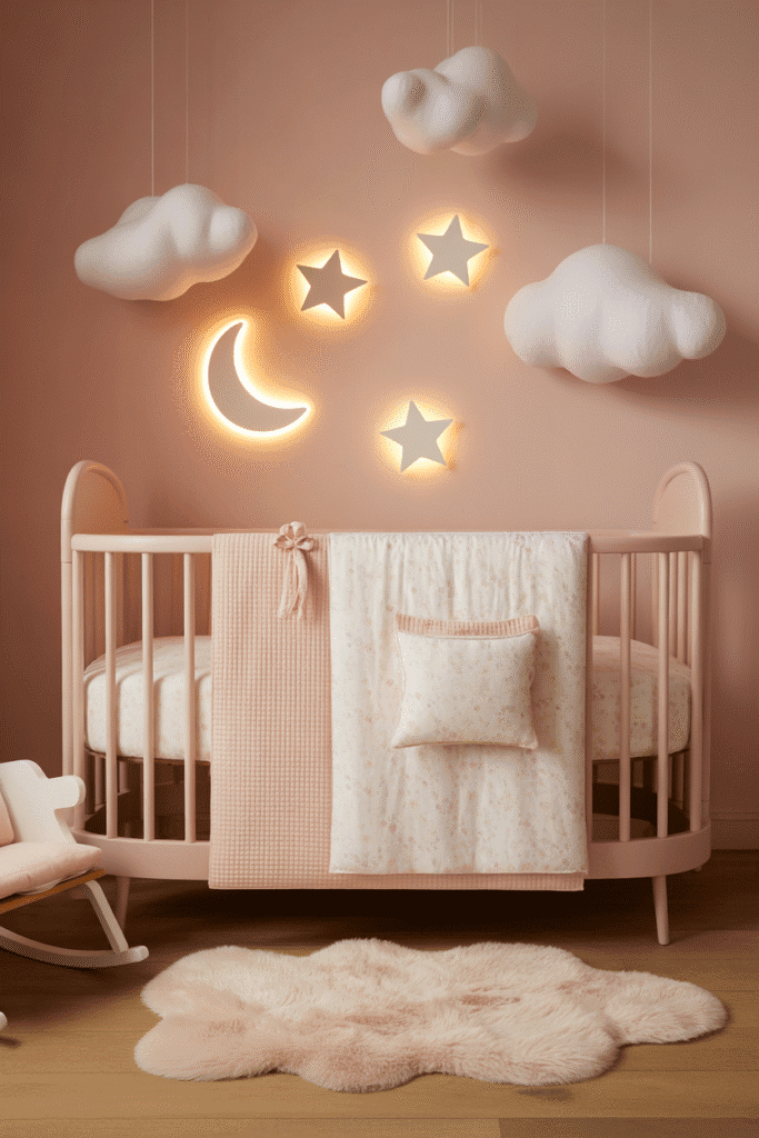 Girly nursery with moon and star wall lights creating a dreamy atmosphere.
