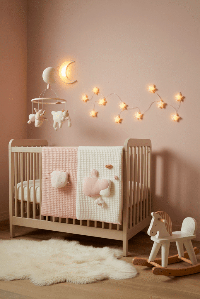 Girly nursery with moon and star wall lights creating a dreamy atmosphere.
