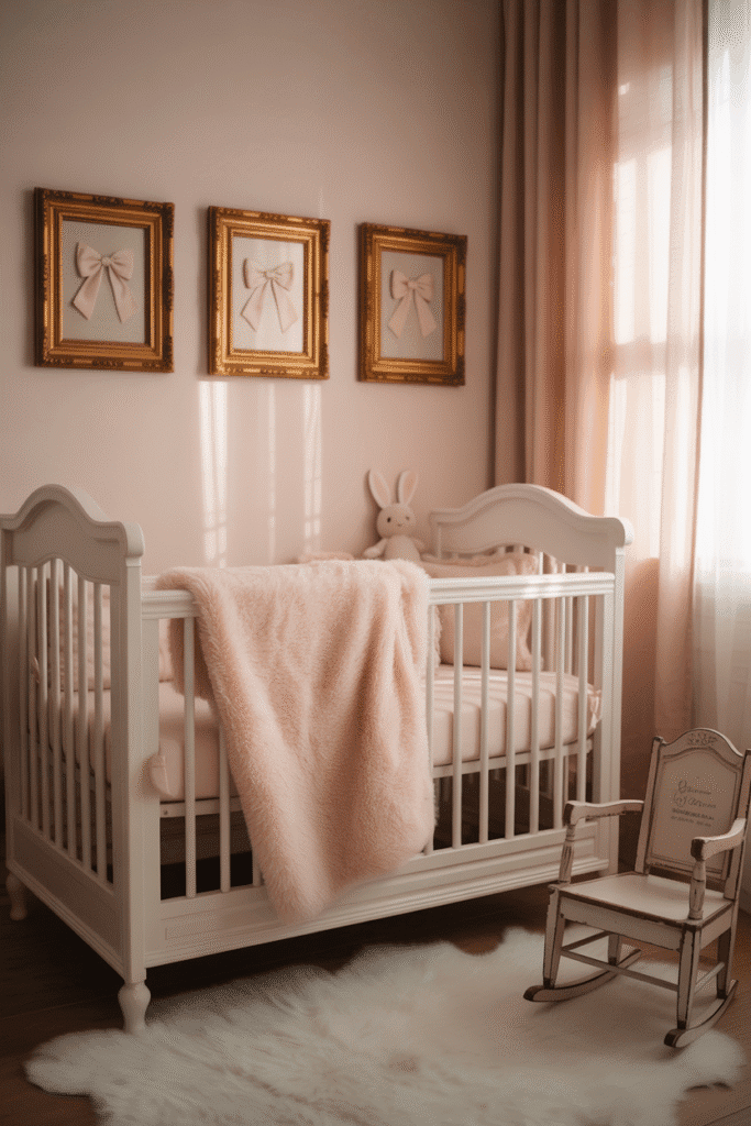 Framed bow artwork above crib in girly nursery.