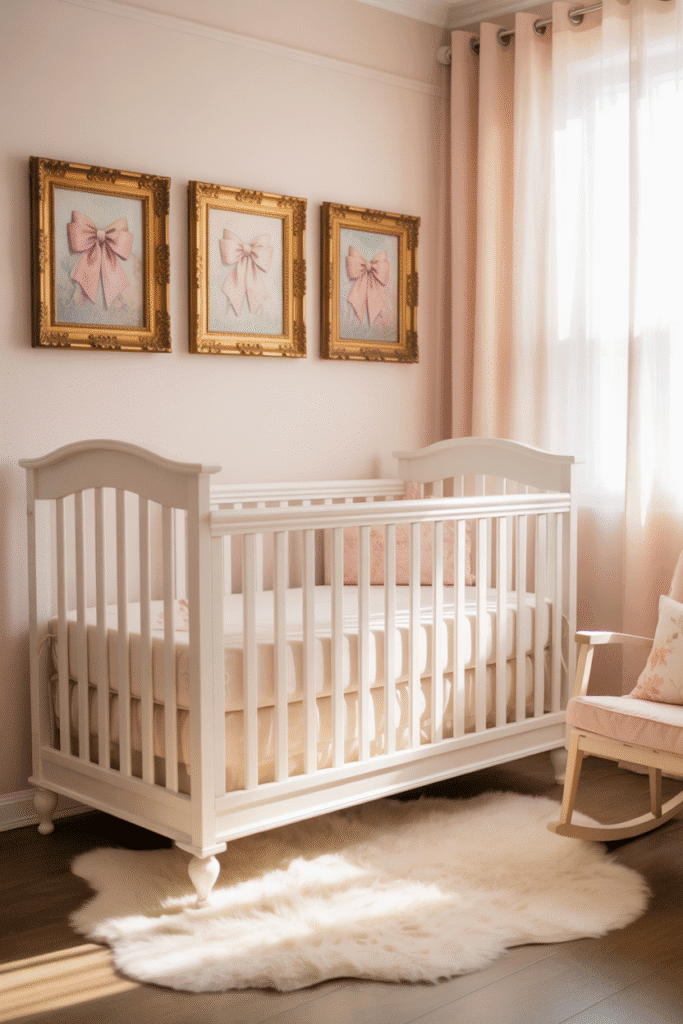 Framed bow artwork above crib in girly nursery.