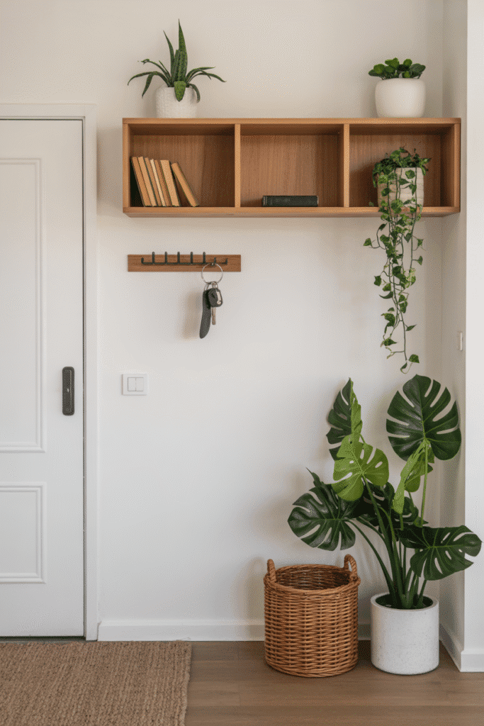 A floating shelf offers surface space and saves floor area in compact foyers.