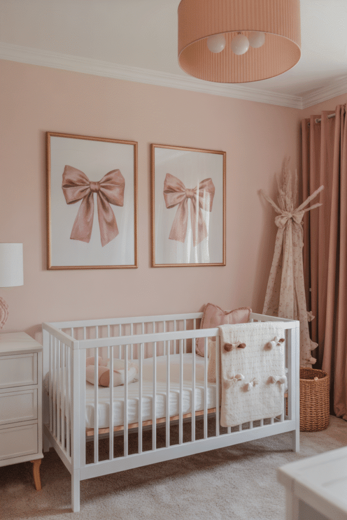 Framed bow artwork above crib in girly nursery.