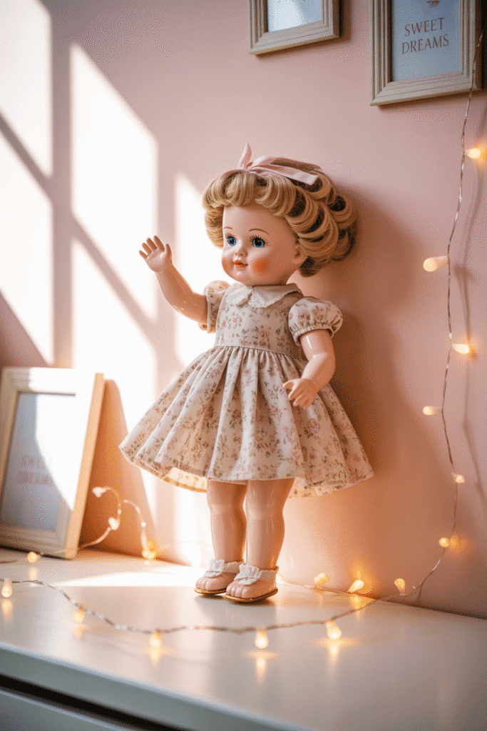 Display of pastel dolls and plush toys in girly nursery.