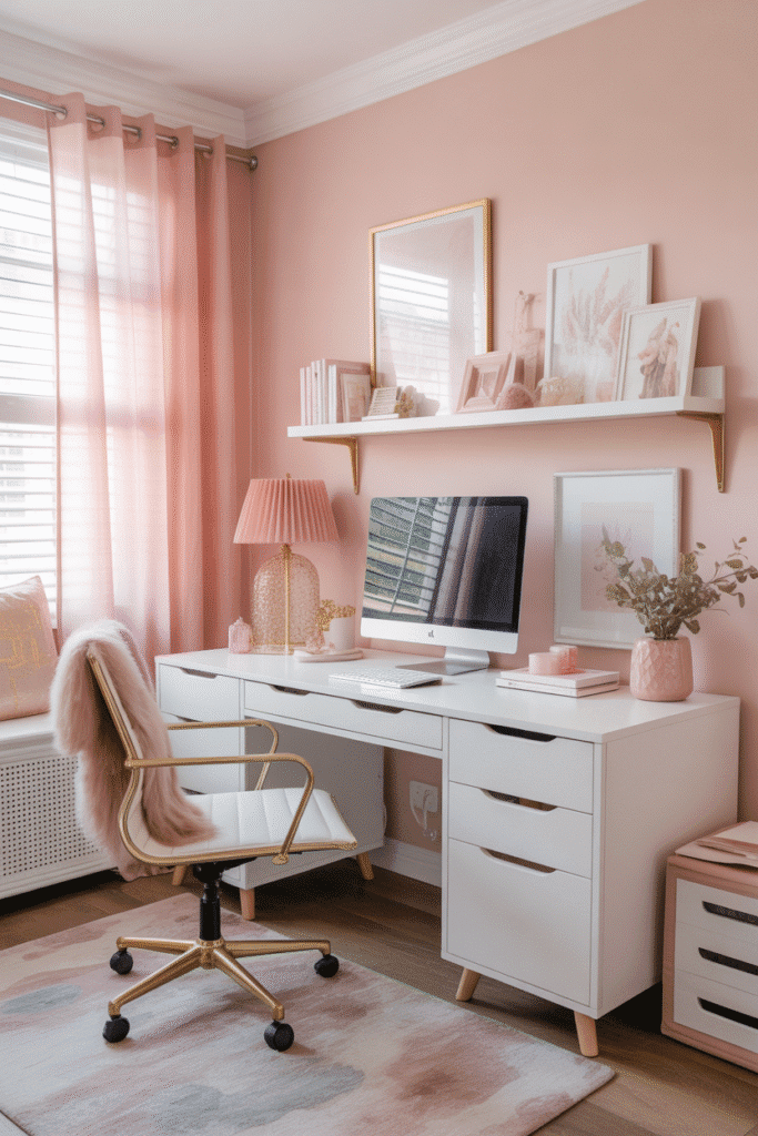 As a part of girly office ideas this picture shows a feminine office with blush walls, white desk, and gold accents.