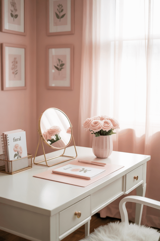 Feminine office with blush walls, white desk, and gold accents.