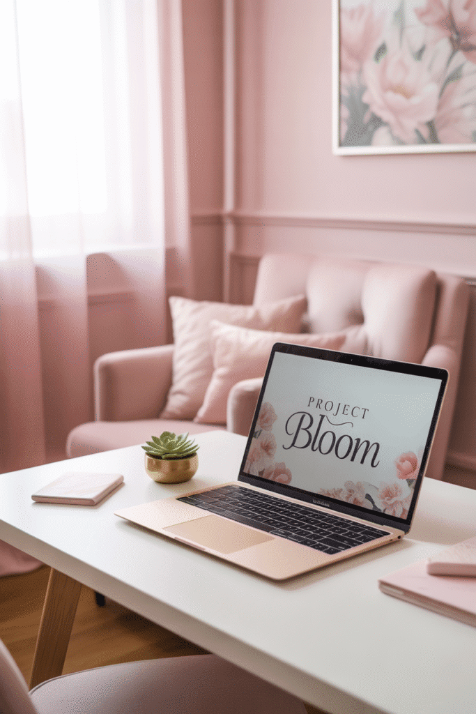 Feminine office with blush walls, white desk, and gold accents.