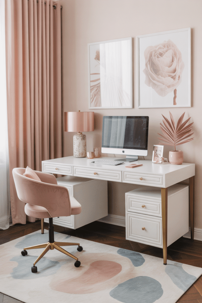 Stylish white and gold desk in feminine home office.