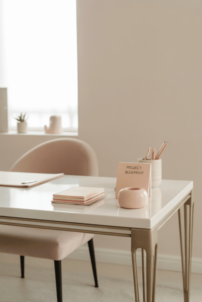 Stylish white and gold desk in feminine home office.