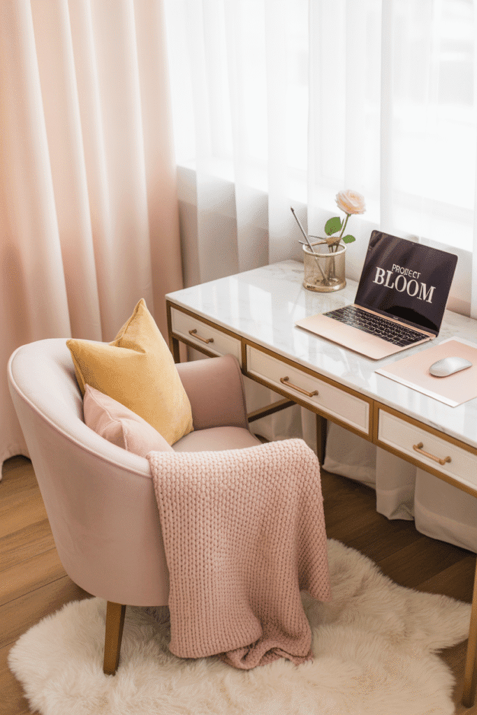 Feminine office with cozy textured rug and throw blanket.