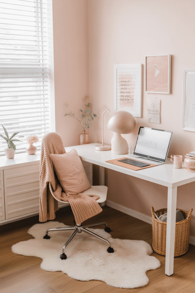 Feminine office with cozy textured rug and throw blanket.