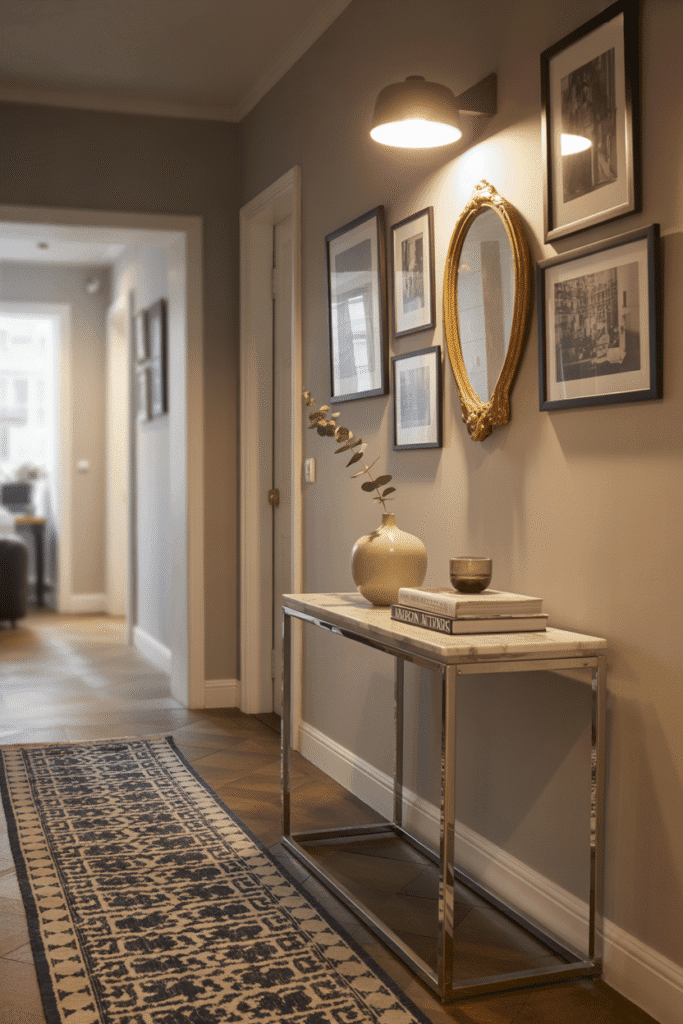 A small rug or runner adds warmth and defines space in narrow entryways.
