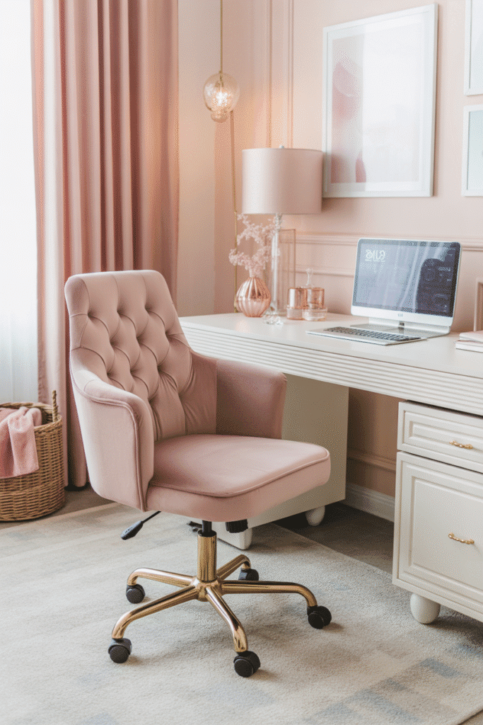 Feminine office with cozy textured rug and throw blanket.