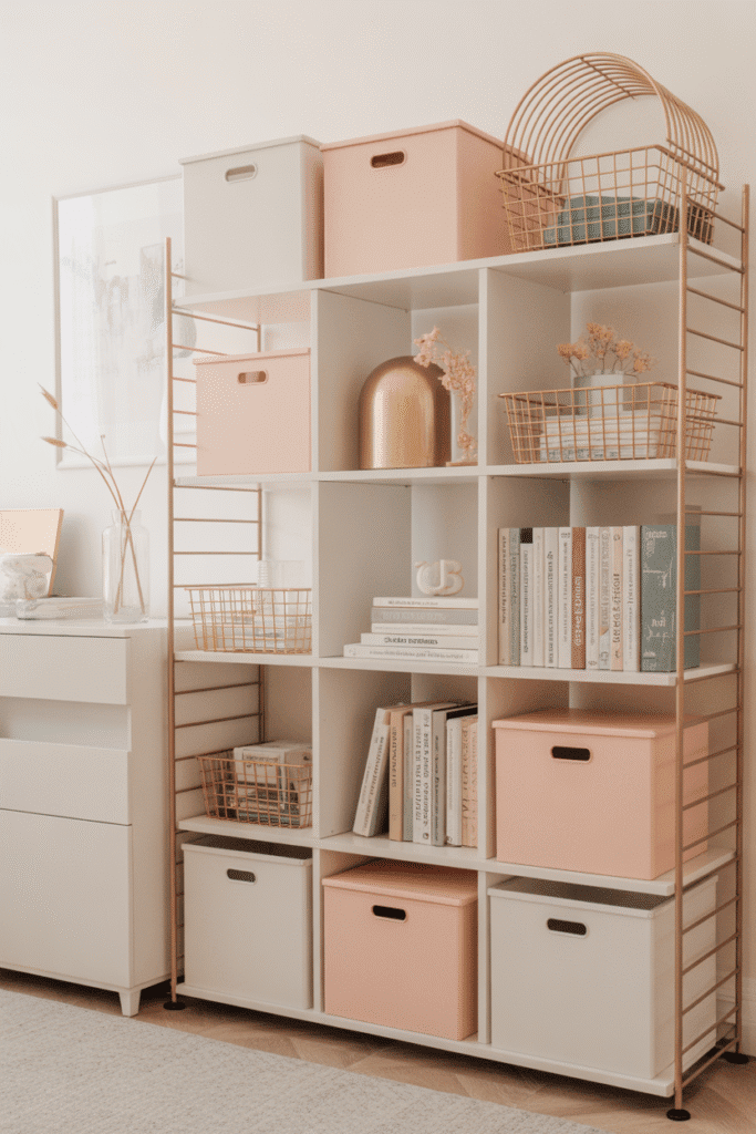Stylish storage shelves in girly office with pastel boxes.