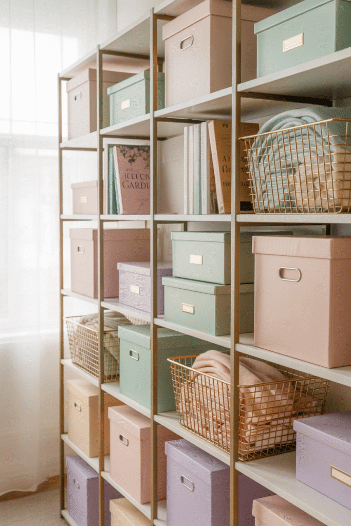 Stylish storage shelves in girly office with pastel boxes.