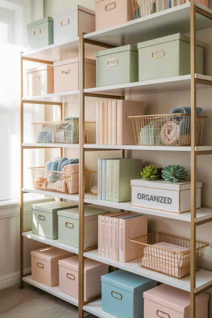 Stylish storage shelves in girly office with pastel boxes.