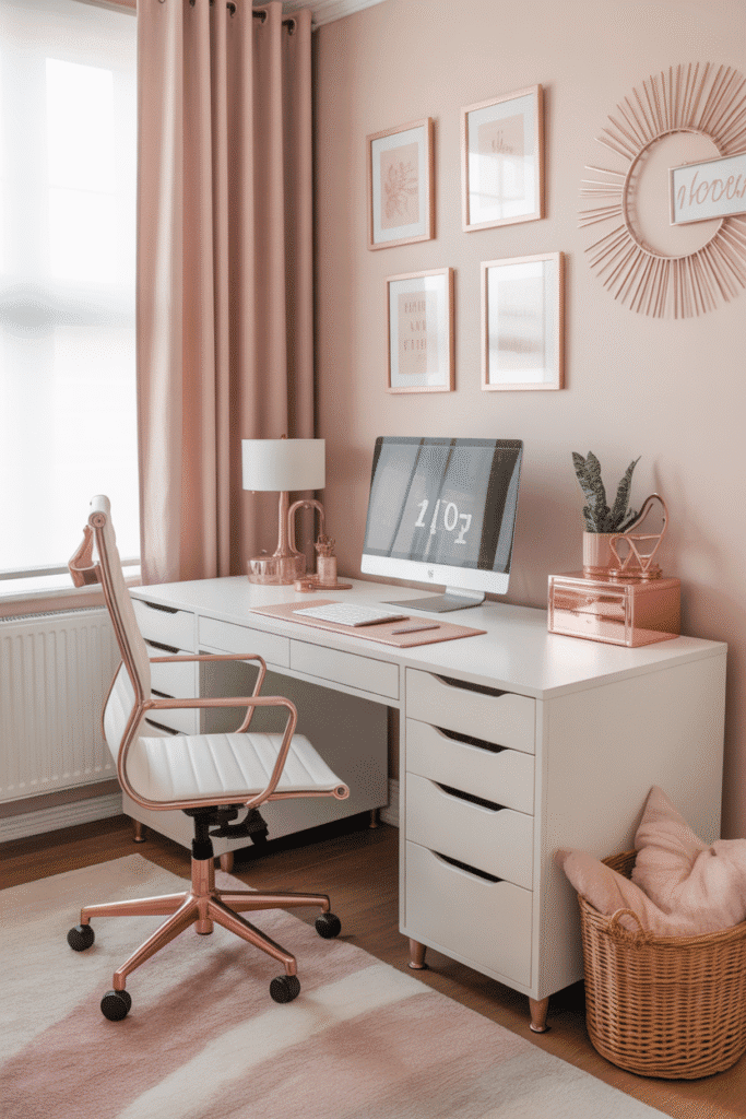 Gold and rose gold desk accessories in feminine workspace.