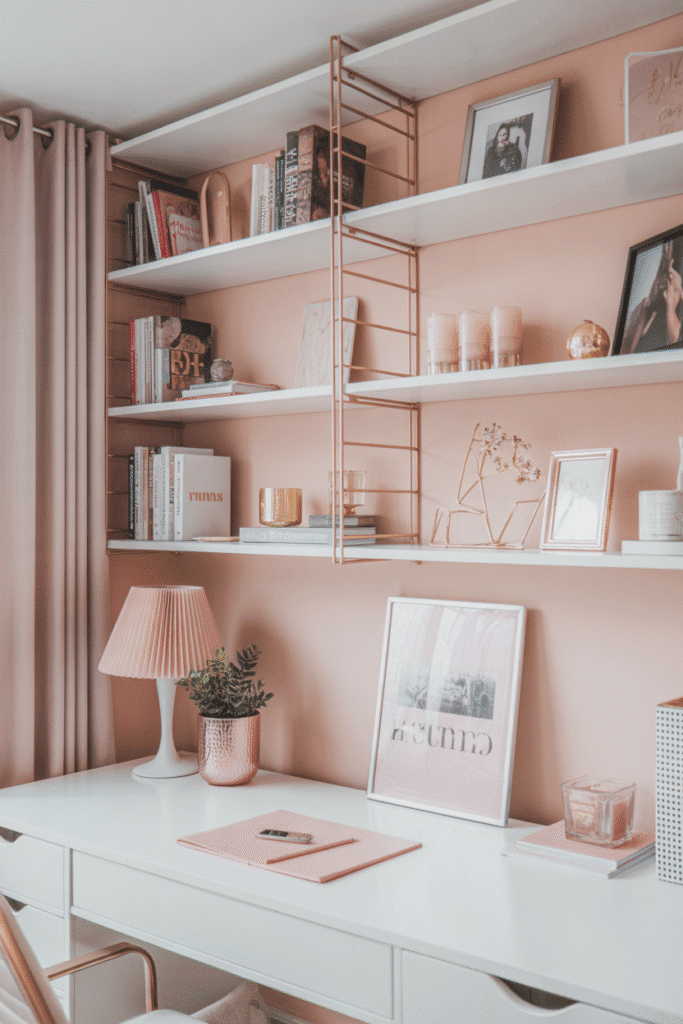 Decorated shelves in girly office with books and gold accents.